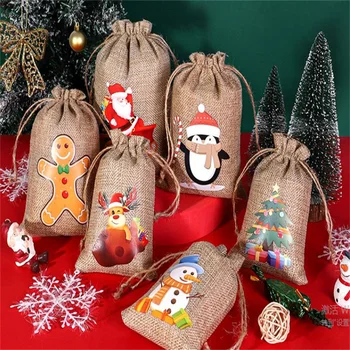 1 adet Yeni Noel Kenevir Çanta İpli Şeker Paketleme Çantası Noel Dekoratif Kayış Saklama Çantası