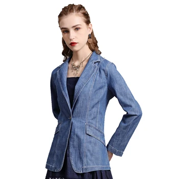 2021 Sonbahar V Yaka Uzun Kollu Tek Düğme İnce Takım Elbise Desen Denim Ceket Bayan Blazer Kadın Ceket Kadın FS1142