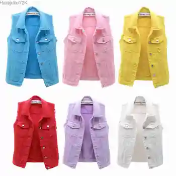 2021 Yeni Stil kadın Klasik Yıkanmış kot yelek Bayanlar Kolsuz Düz Renk Düğme Aşağı Jean Ceket Artı Boyutu S-5XL