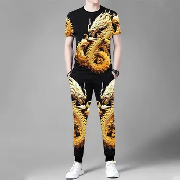 2022 Son Kısa Kollu Takım Elbise erkek 3D Ejderha Baskı T-Shirt + Şort 2 Parça Çin Tarzı Trend Altın Ejderha Takım Elbise