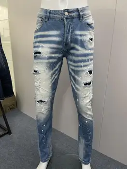 2023 İlkbahar/Yaz Yeni Kot Moda erkek Yıkanmış ve Yıpranmış Delik Yama Benekli Mürekkep 3D Kesme Küçük Ayak Gri kot pantolon Erkekler