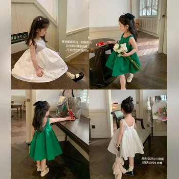 2023 Kore Çocuklar Kızlar İçin Elbiseler Elbise Yaz Yeni Kızlar Kolsuz Prenses Elbise