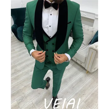 2023 Moda Yeşil İş Erkek Takım Elbise 3 Adet Erkek Elbise Özel Damat Düğün Takım Elbise Smokin Siyah Kadife Yaka Blazer Yelek Pantolon