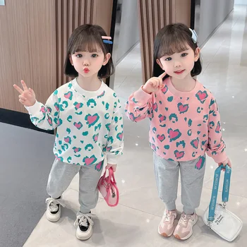 2023 Sonbahar Bebek Kız Setleri Koreli Çocuk Giyim Eşofman Çocuklar İçin 2 adet Kıyafetler Düzensiz Aşk Baskı Kız Elbise 1-5T