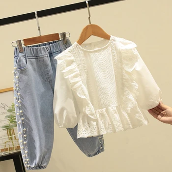 2023 Sonbahar Parti Kızlar Rahat Seti Küçük Kız Moda Dantel Dantel Üst + İnci Kot İki Parçalı Setleri Çocuklar Uzun Kollu pamuklu giysiler