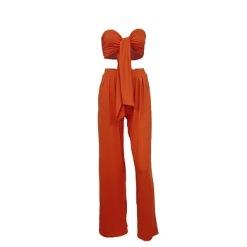 2023 Sonbahar Yeni Kadın İki parçalı Takım Elbise Moda Sokak Tarzı Rahat kadın Giyim Sense Saf Renk Dantel-up Tüp Üst Pantolon