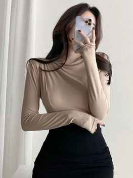 2023 T Shirt Kadın Temel pamuklu uzun kollu tişört Tee Gömlek Esneklik Kore Tarzı blusa mujer Seksi İnce Düz Tişört Kadın Üst