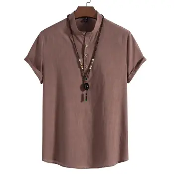 2023 Yaz Erkek Gömlek Düz Renk Kısa Kollu Üstleri Standı Yaka Büyük Boy Giyim Günlük Streetwear Henley Erkek Gömlek Tops