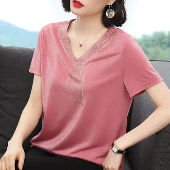 2023 Yaz Gevşek Casual Kadın Kısa Kollu Şifon tişört Kore Moda Düz Renk Gömlek Yuvarlak Boyun Kadın Üstleri T81
