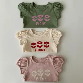 2023 Yaz Yeni Bebek Kısa Kollu T Shirt Sevimli Çiçek Baskı Bebek Karikatür Tee Toddler Kız Puf Kollu T Shirt Bebek Giysileri