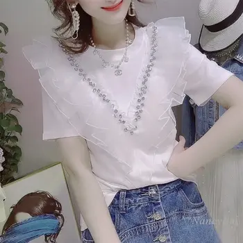 2023 Yaz Yeni kadın Ruffled Boncuklu beyaz tişört İnce Üst Kore Tarzı Zayıflama kısa Kollu tişörtler