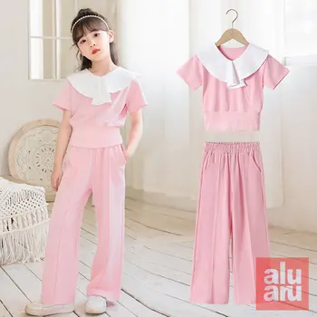 2023 Yaz Yeni Kız Takım Elbise CuHK Çocuk Kore Versiyonu İnce Kısa Kollu Pantolon Ağ Kırmızı Gevşek Rahat İki parçalı Set
