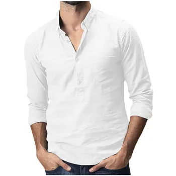 2023 yazlık gömlek erkek Giyim Baggy Pamuk Keten Katı Cep Uzun Kollu turn-aşağı Yaka Gömlek Tops Camisas Hombre