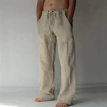 2023 yeni erkek Pamuk Keten Pantolon Erkek Sonbahar Yeni Nefes Düz Renk Keten Pantolon Spor Streetwear S-3XL