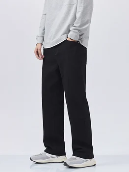 2023 Yeni Sonbahar erkek Kot Geniş Bacak Düz Siyah kot pantolon Kore Moda Bantlama Bel Streç Pamuk Baggy Jean Pantolon
