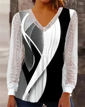 2023 Yeni Sonbahar Kış Kadın T Shirt Moda Uzun Kollu dantel kesik dekolte V Yaka Geometrik Baskı Üstleri Bayanlar Tee Gömlek Kazak