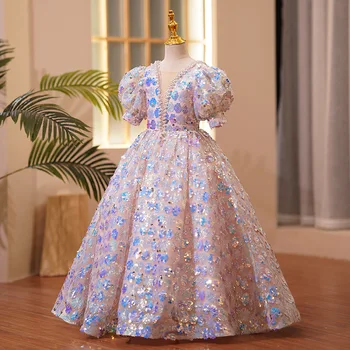2023 Zarif Prenses Elbise Genç Kızlar İçin Çocuklar Payetli Uzun balo elbisesi Çocuk resmi elbiseler Pembe Karnaval Vaftiz Parti