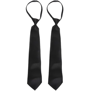 2X Erkekler Katı Siyah Polyester Zip Up Kravat Pürüzsüz Fermuar Kravat