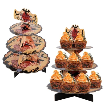 3 Katmanlı Mutlu Cadılar Bayramı Cupcake Standı Tutucu Raf Yarasa Kabak Karton Kulesi Tedavi Pasta Kek Ekran Festivali Dekor Malzemeleri