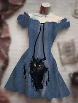 3D Korku Siyah Kedi Cadılar Bayramı Açık Yeni Siyah Giyim Elbise Hawaii Bohem Elbise Güzellik Siyah 2023