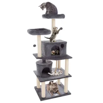 5 Katmanlı Ultimate Cat Condo Kulesi - Birden Fazla Kedi için 8 Tırmalama Direği, 2 Yastıklı Tünek, 2 Kedicik Kulübesi ve 3 Askılı Oyuncak (D