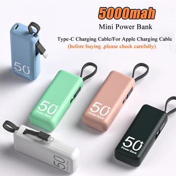 5000mAh Mini Güç Bankası Dahili Kablo Taşınabilir harici Pil Paketi Mini Powerbank iPhone 14 13 12 Samsung S22 Xiaomi 10 9