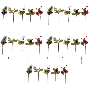75 Adet Kırmızı Noel Berry Ve suni çam kozalağı Seçtikleri Holly Dalları Tatil Çiçek Dekor Çiçek El Sanatları