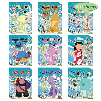 9/18 Yaprak Disney Lilo ve Stitch Karikatür Bulmaca Çıkartmaları Makyaj Yüz Çocuk Sevimli Anime Monte Yapboz Çocuk eğitici oyuncak Oyunu