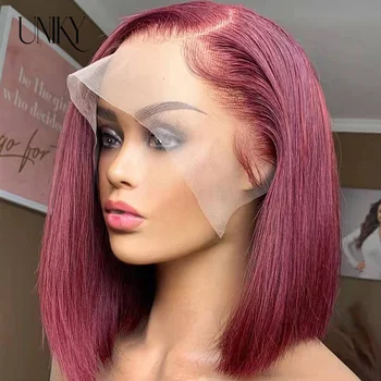 99J Bordo Kısa Bob Peruk Düz Renkli İnsan Saçı Peruk Kadınlar İçin Koyu Kırmızı Dantel Parçası Peruk Ön Koparıp Bordo Dantel ön peruk