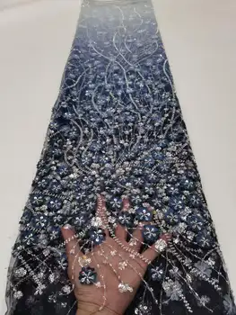 Afrika Fransız Dantel Kumaş 2023 Yüksek Kaliteli Pul İşlemeli Boncuklu Damat Dantel Kumaş 5 Metre düğün elbisesi Nijeryalı Dikmek