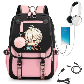 Anime Mochila Escolar Genshin Darbe Kawaii okul sırt çantası Usb Bağlantı Noktası Öğrenci Schoolbag Gençler Kızlar Seyahat Dizüstü Sırt Çantası Mochila