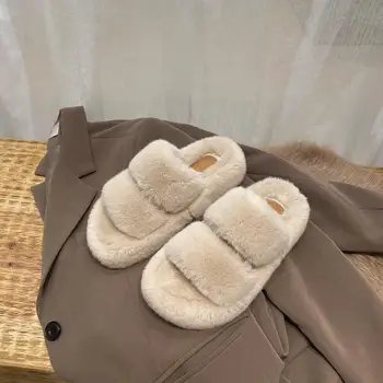 Ayakkabı Bayan Terlik Açık Slaytlar Med Moda Platformu Kürk Flip Flop Yaz Düz Lüks Peluş Roma Kumaş PU Temel Kauçuk