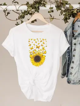 Ayçiçeği Kelebek Giyim Baskı T Shirt Kısa kollu Yaz Üst Tee kadın kıyafetleri Temel Moda grafikli tişört