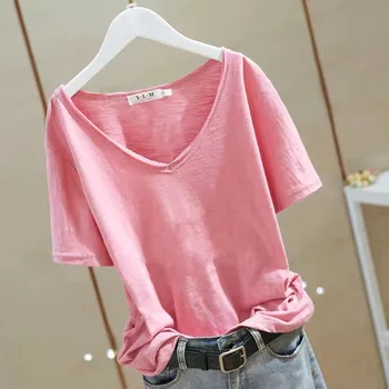 Basit Düz renk kadın T-shirt 2d Tee Moda V Yaka Yaz Kısa Kollu Gevşek Streetwear Giyim Casual Tshirt Bayanlar