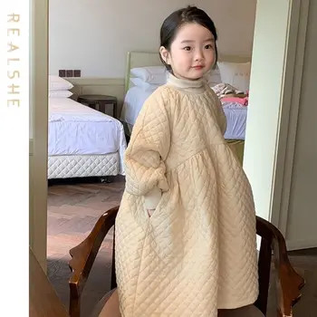 Bebek Kız Elbise 2023 Yeni Kalın Sıcak çocuk elbiseleri Sonbahar Kış Giysileri Katı Uzun Kollu Toddler Kız Elbise 2-6Years