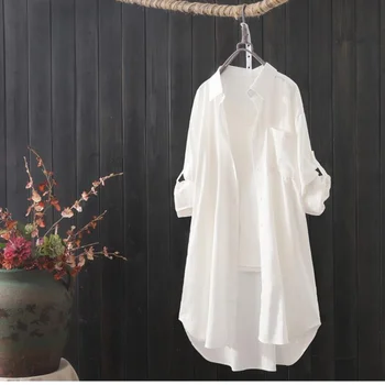 Beyaz Gömlek Kadın 2023 İlkbahar Yaz Kore Moda Basit Düz Renk Uzun Gömlek Bayan Gevşek Nefes Midi Gömlek ve Bluz