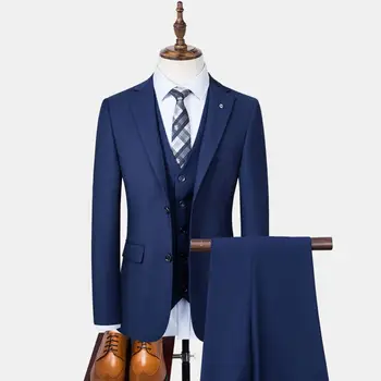 Butik (Blazer + Yelek + Pantolon) erkek Takım Elbise Moda İş Zarif Düz Renk 2 Düğmeler Beyefendi Düğün Resmi 3 Parça Set