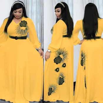 BÜŞRA Afrika Baskılı Çiçek Elbiseler Kadın Şifon Kaftan Abayas Ankara Dashiki Maxi Uzun Kollu Zarif Boubou Elbise 2022 Yeni