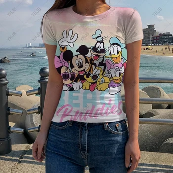 Disney kadın T-shirt Mickey Mouse O-Boyun Kısa Kollu Slim Fit Fit Retro Klasik Mickey Mouse Desen Yetişkin T-shirt