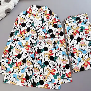 Disney Kawaii pamuk uzun kollu çift pijama kadın karikatür Mickey Mouse ilkbahar ve sonbahar ıns rüzgar erkek ev giyim seti