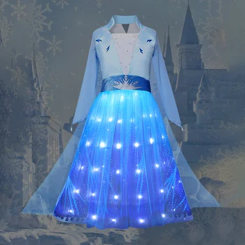 Dondurulmuş 2 LED Elbise Kızlar için Prenses Elsa Kostüm Mavi Doğum Günü Partisi Çocuklar Kar Kraliçesi Cosplay Karnaval Cadılar Bayramı Giyim