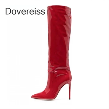Dovereiss 2023 Sivri Burun Moda Kadın Kırmızı Yeşil Stilettos Topuklu Fermuar Kış Seksi Yeni Diz Yüksek Çizmeler Büyük Boy 41 42 43