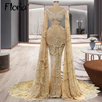 Dubai 2023 Tasarım Şampanya Abiye giyim Pelerin Kollu Arapça Derin V Boyun Mermaid Sparkle Diamonds Düğün Parti Elbiseler