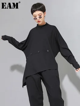 [EEM] Kadınlar Siyah Asimetrik Düğme Rahat Büyük Boy T-shirt Yeni Yuvarlak Boyun Uzun Kollu Moda Gelgit Bahar Sonbahar 2023 1DF4779
