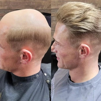 Erkek Saç Parçaları Peruk Erkekler için sarı insan saçı Erkek Peruk Gerçek Saç Değiştirme Sistemi İnsan Saçı, İnce Deri 0.03 mm V ilmekli