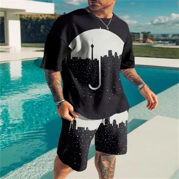 Erkek Yaz günlük giysi 2 parça 3D Baskılı plaj tişörtü Şort T-Shirt Crewneck Eşofman Sokak Moda Rahat Nefes