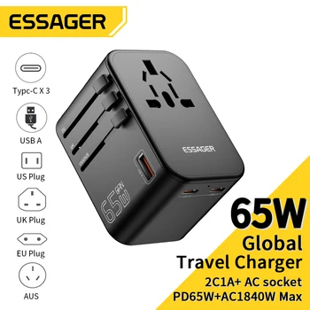 Essager evrensel Seyahat Adaptörü Hepsi bir arada Seyahat Şarj Cihazı İle 65W USB ve C Tipi Duvar Şarj cihazı ABD AB İNGİLTERE Tak AUS Şarj