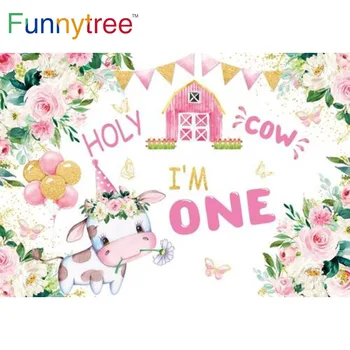 Funnytree Pembe Kutsal İnek Bir Yıl 1st Doğum Günü Partisi Zemin Çiçek Ahır Kız Bebek Duş Yenidoğan Çiftlik Photozone Arka Plan