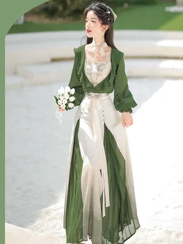 Geliştirmek Hanfu Elbise Kadınlar Cadılar Bayramı Peri Cosplay Kostüm Vintage Geleneksel Modern Hanfu 2023 Yaz Yeşil ve Beyaz Elbise