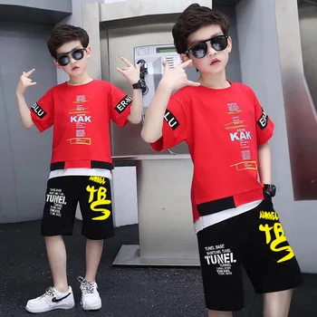 Genç Yaz Erkek giyim setleri Çocuk T-Shirt + Pantolon Hip Hop Seti Streetwear Çocuklar Erkek Bebek Giysileri spor takımları 4 6 8 9 12 Yıl